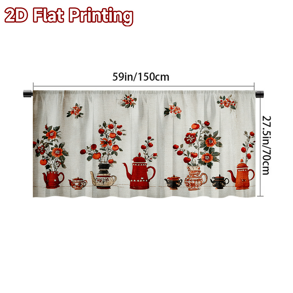 TEMU 2d Flat, 2d Flat Printing Cabinet Decor, 1pc, Red And Floral Teapots Design Decorative Curtain For Kitchen, Easy Setup, Machine Washable,