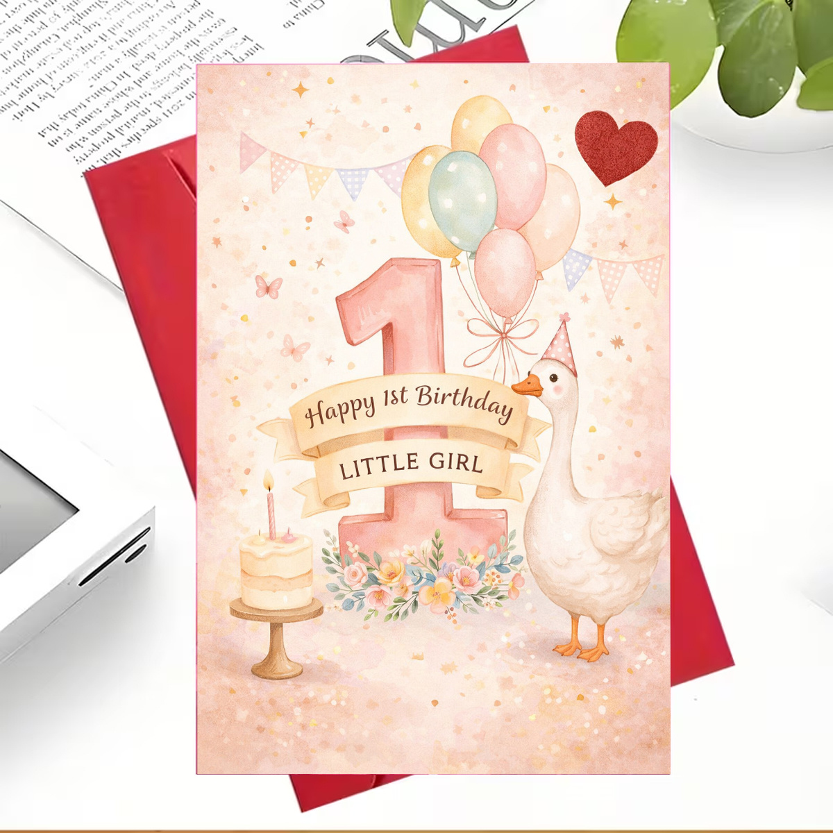 TEMU 1pc Greeting Card And 1pc Envelope, 1pc Cute Birthday Card, Decorated With Pink Number 1, Balloons, Cake, Flowers And A Goose Saying "happy 1st