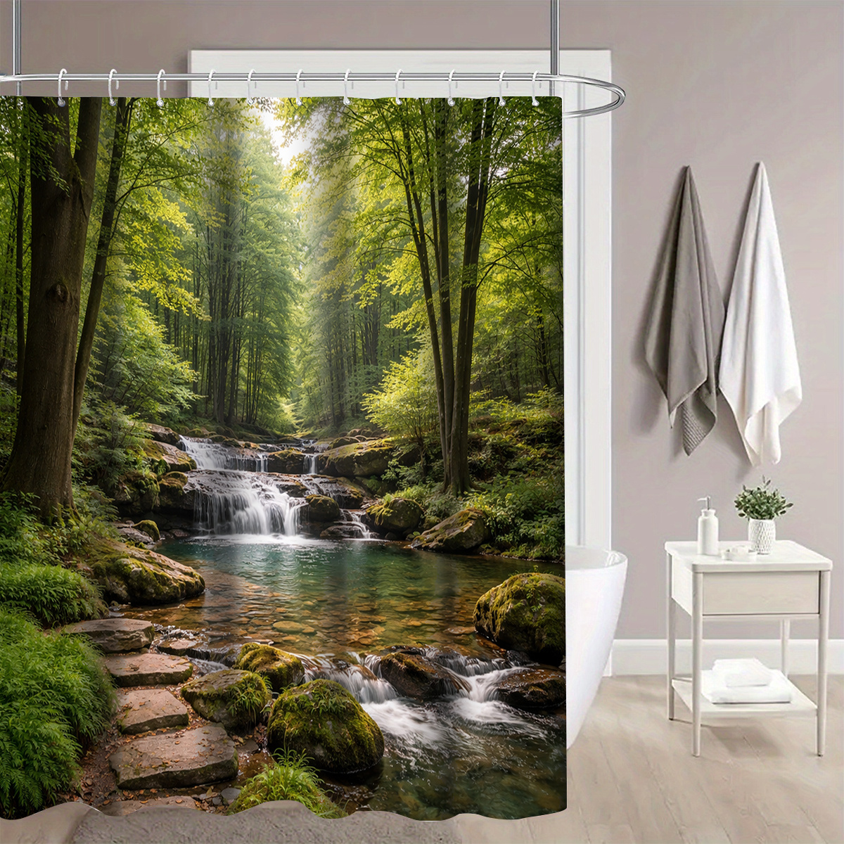 TEMU 1pc Forest Waterfall Shower Curtain, Bathroom Decor, Options (120x180cm, 150x180cm, 180x180cm, 180x200cm, 240x200cm), Includes Hooks, Bathroom