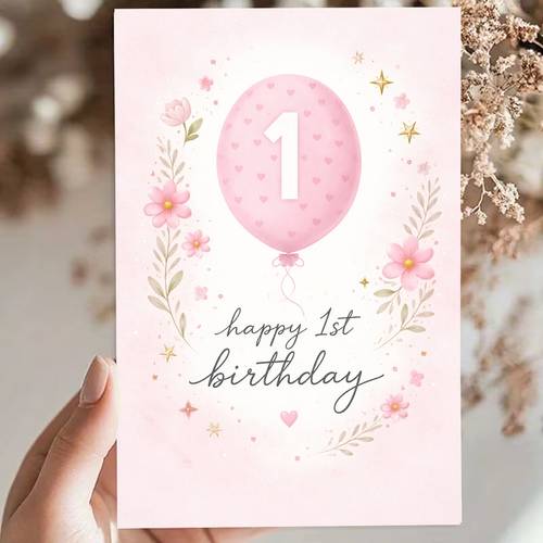 1pc adorable birthday greeting card with hearts and happy first birthday suitable for birthday pastel watercolor floral balloon style card