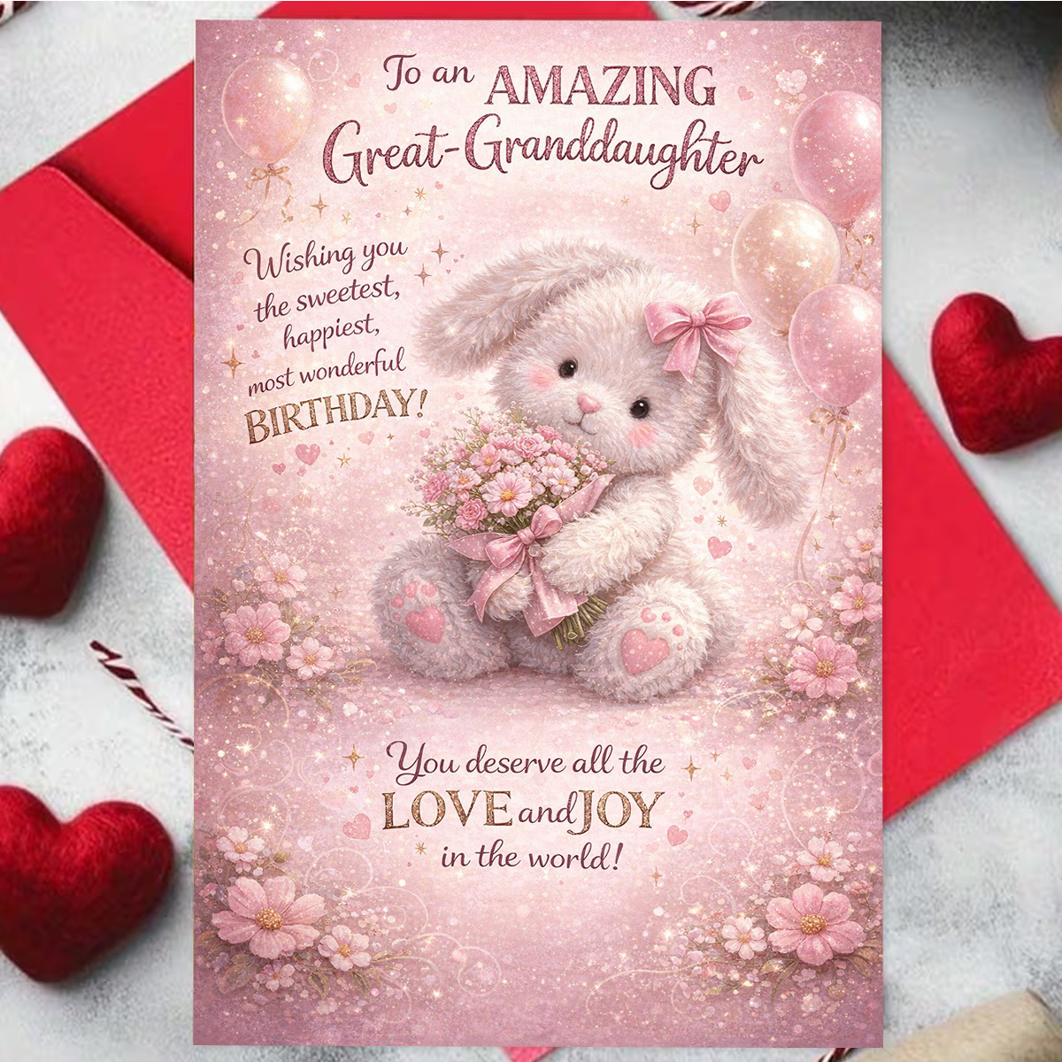 TEMU A Birthday Card Featuring A Pink Fluffy Bunny Surrounded By Flowers And Balloons, Conveying "sweet Wishes And Love". A Great Granddaughter, This