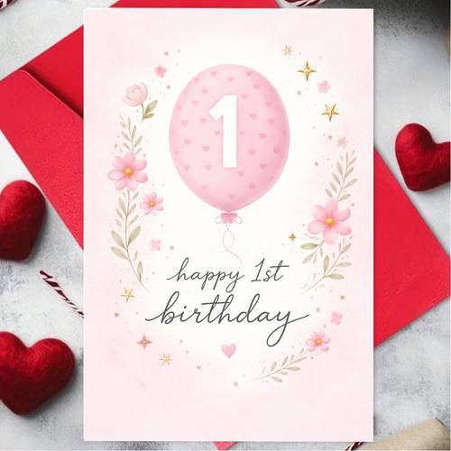 item picture 1pc adorable birthday greeting card with hearts and happy first birthday suitable for birthday pastel watercolor floral balloon style card