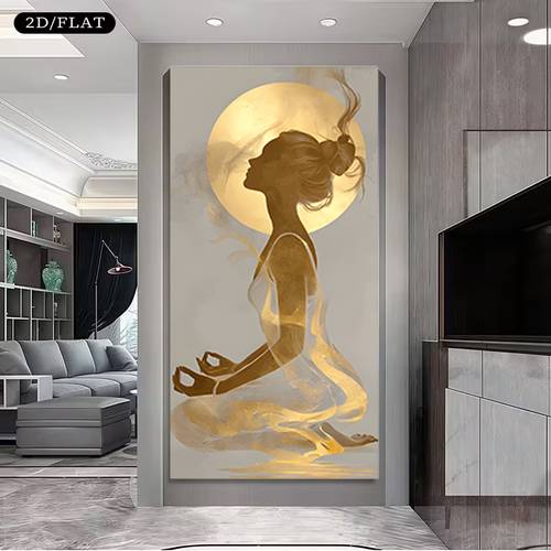 2d flat 2d flat a silhouette of a woman meditating against a golden this 2d flat unframed canvas artwork measures 39 57 x59 05 100x150 cm and is suitable for bedrooms living rooms and yoga a warm