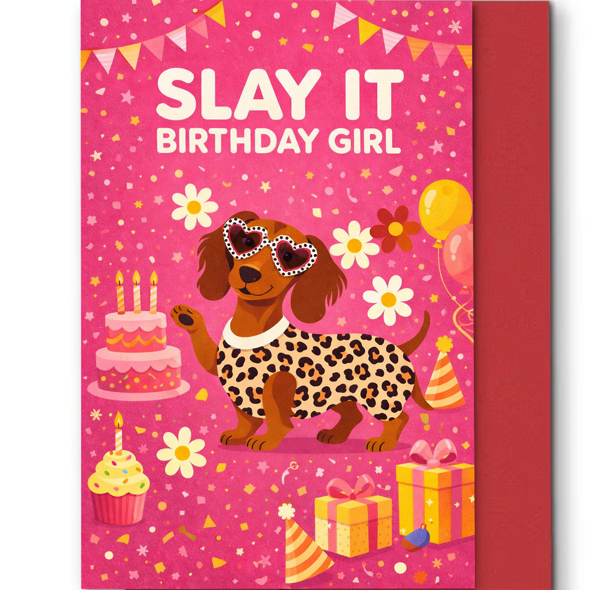 TEMU 1 Birthday Card, A Leopard-print Dachshund Wearing Heart-shaped Fashion Glasses Says "birthday Girl You Are Awesome", Giving Who , Birthday