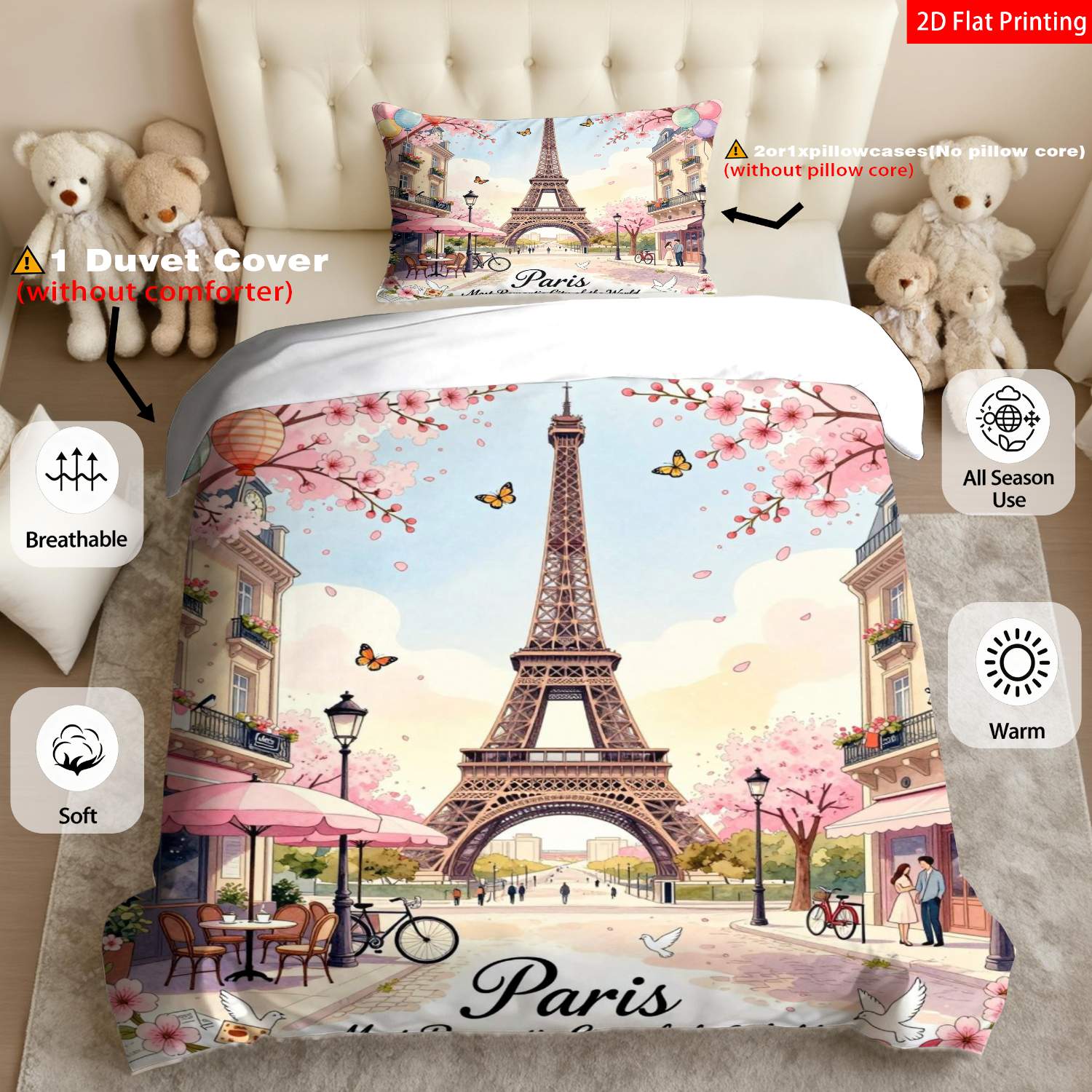 TEMU 2/3pcs 2d Flat Printing Theme Quilt Cover Bedding Cherry Pattern With "paris Most Romantic City" Text Suitable For Occasions(1*duvet
