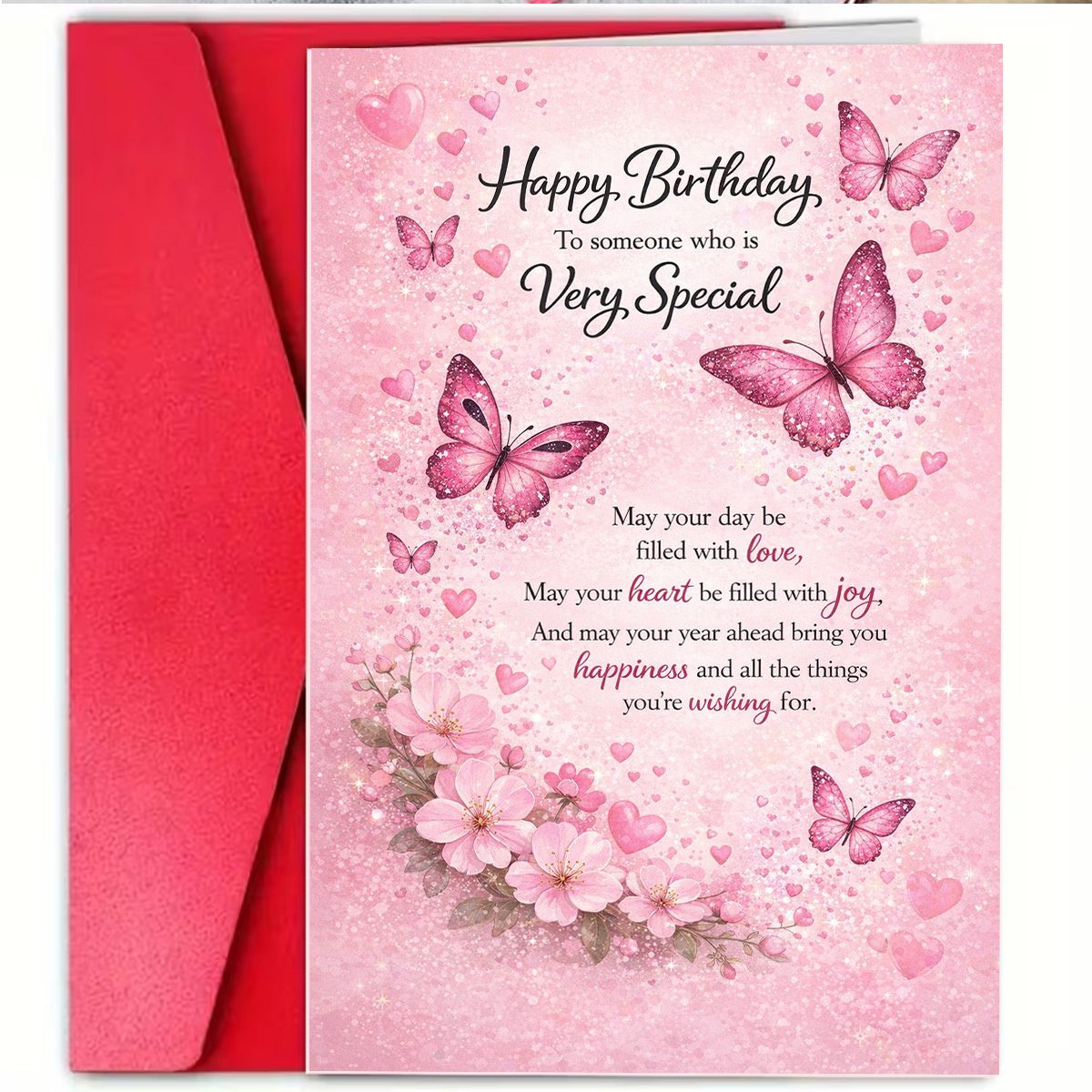 TEMU 1pc Elegant Birthday Greeting Card, Featuring Pink Butterflies, Hearts, And Blossoms, With "may Be ." Suitable For A Or . Birthday Theme,
