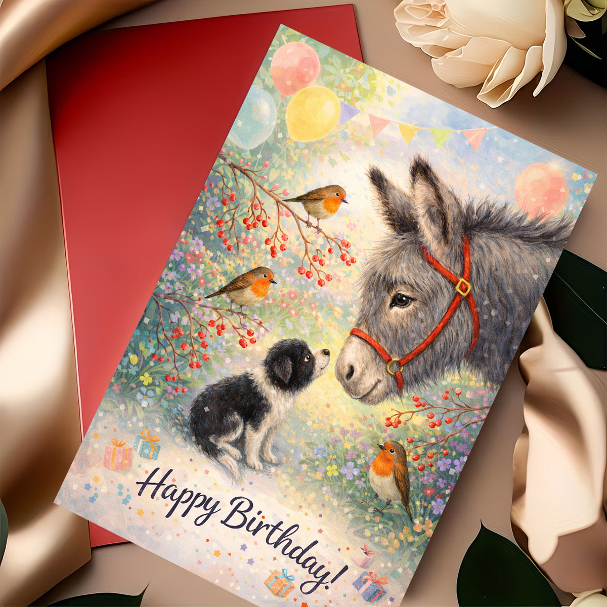 TEMU A Birthday Card Featuring A Donkey, A Puppy, And Robins Surrounded By Balloons And Presents, Wishing 'happy Birthday'. Perfect For Or Family Who