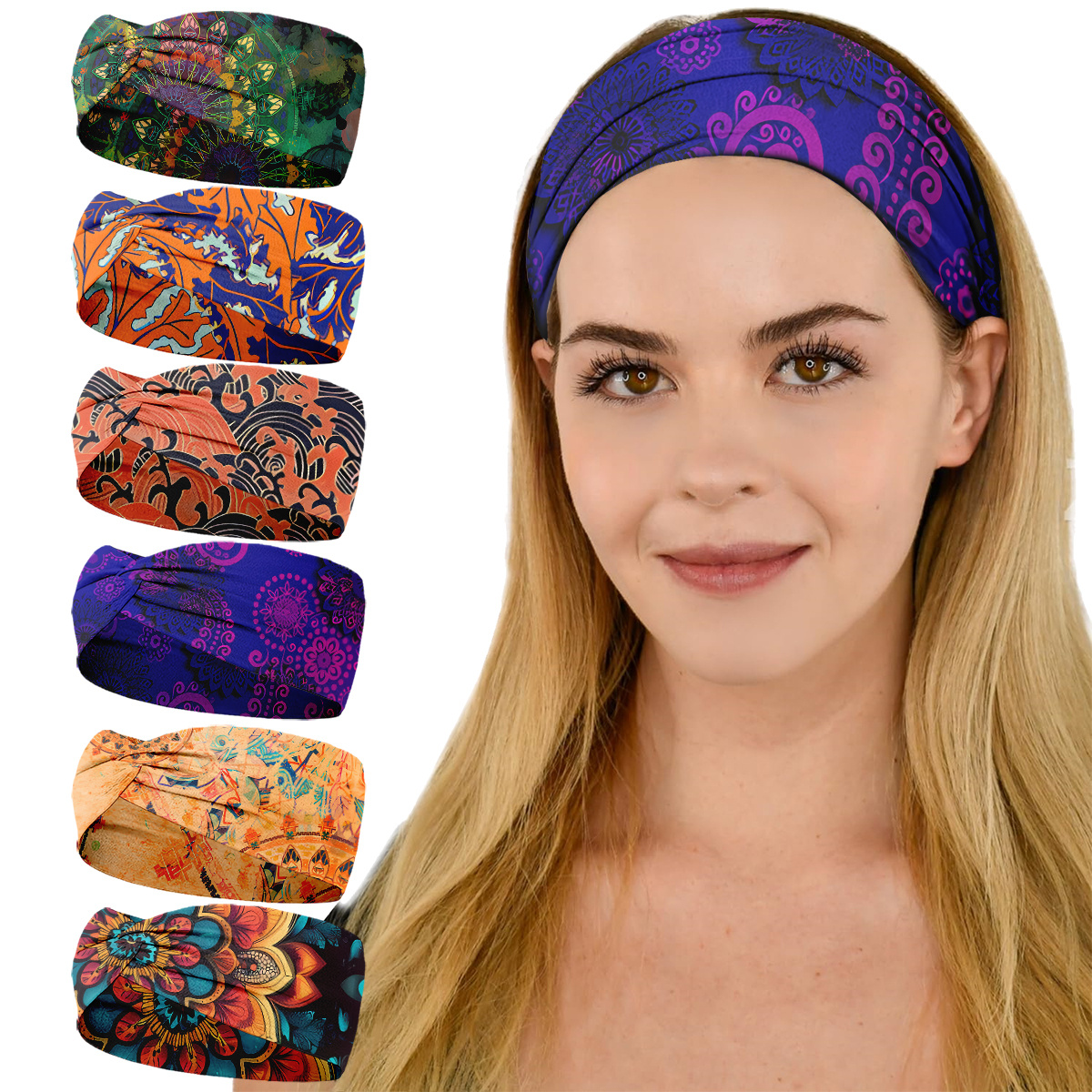 TEMU 6 piezas de ligas para el pelo de mandala multicolor, a , elegantes y hermosas, diademas estrechas para mujer - Diademas coloridas con nudo
