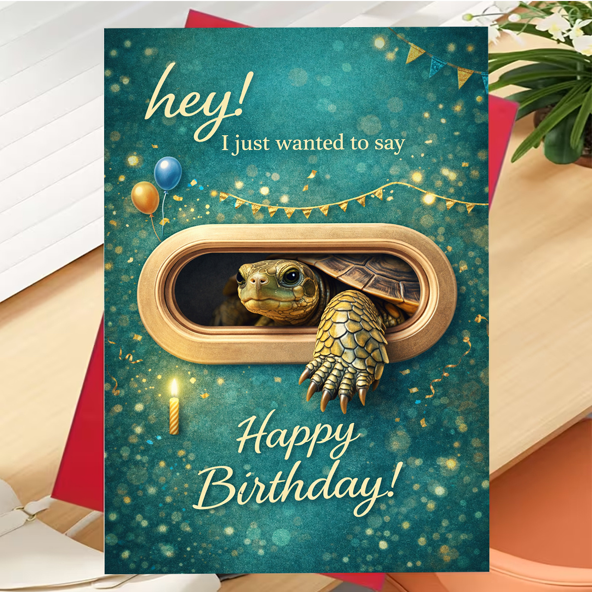 E-shop Launische Geburtstagsgrußkarte mit einer Schildkröte, die aus einem Fenster mit Luftballons einer Kerze hervorlugt, mit dem Spruch „Hey, ich