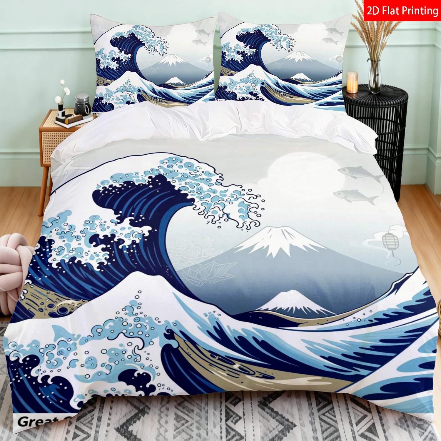 TEMU 2pcs/3pcs Latacaca Japanese Great Bedspread - Traditional Quilt Cover & Pillowcases Suitable For Occasions, Zippered Bedding Cover For