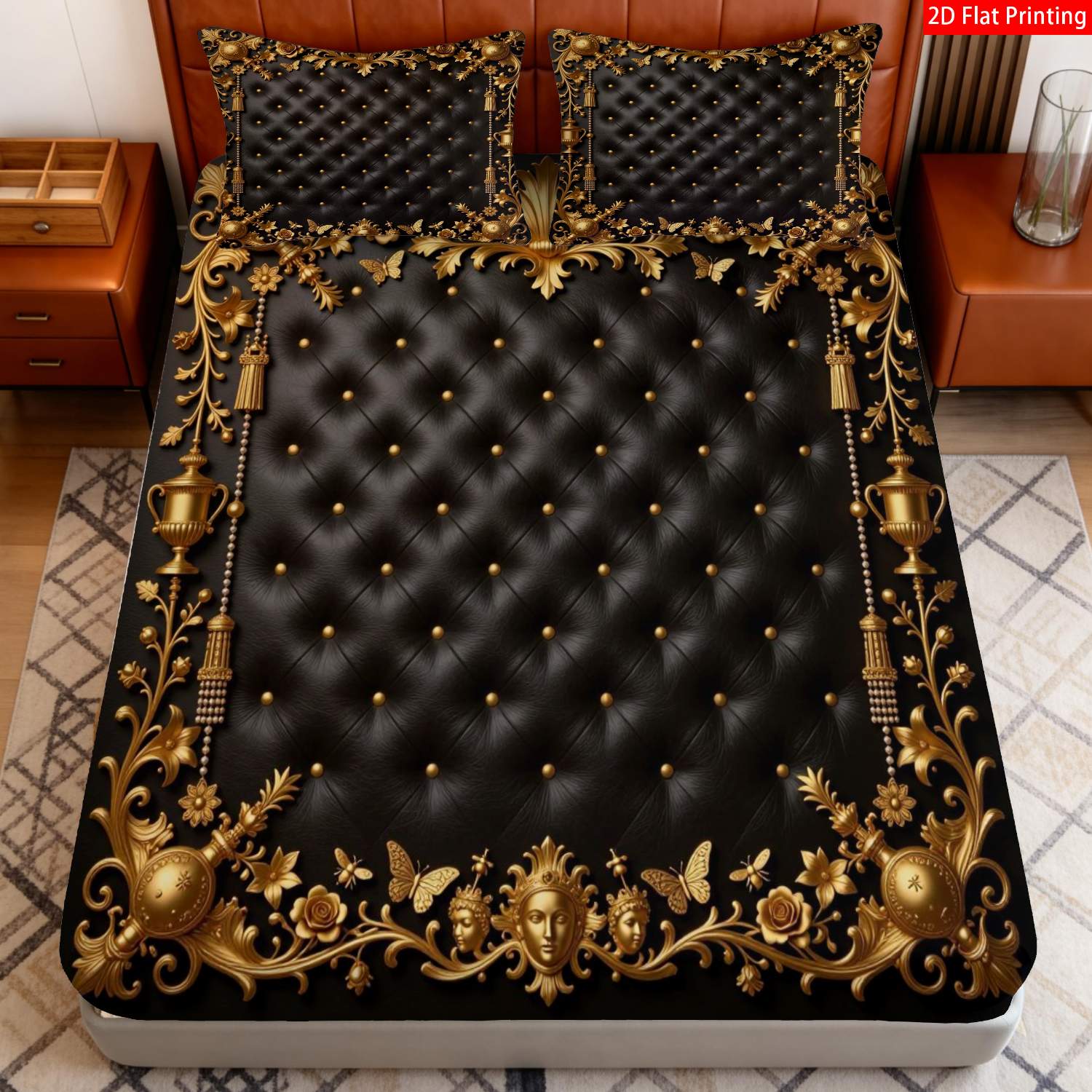 TEMU 2 Or 3pcs Set Of 2d Flat Printed Fitted Sheets, Featuring A Luxurious Baroque Design With Golden And Black Color Scheme, With Intricate Floral