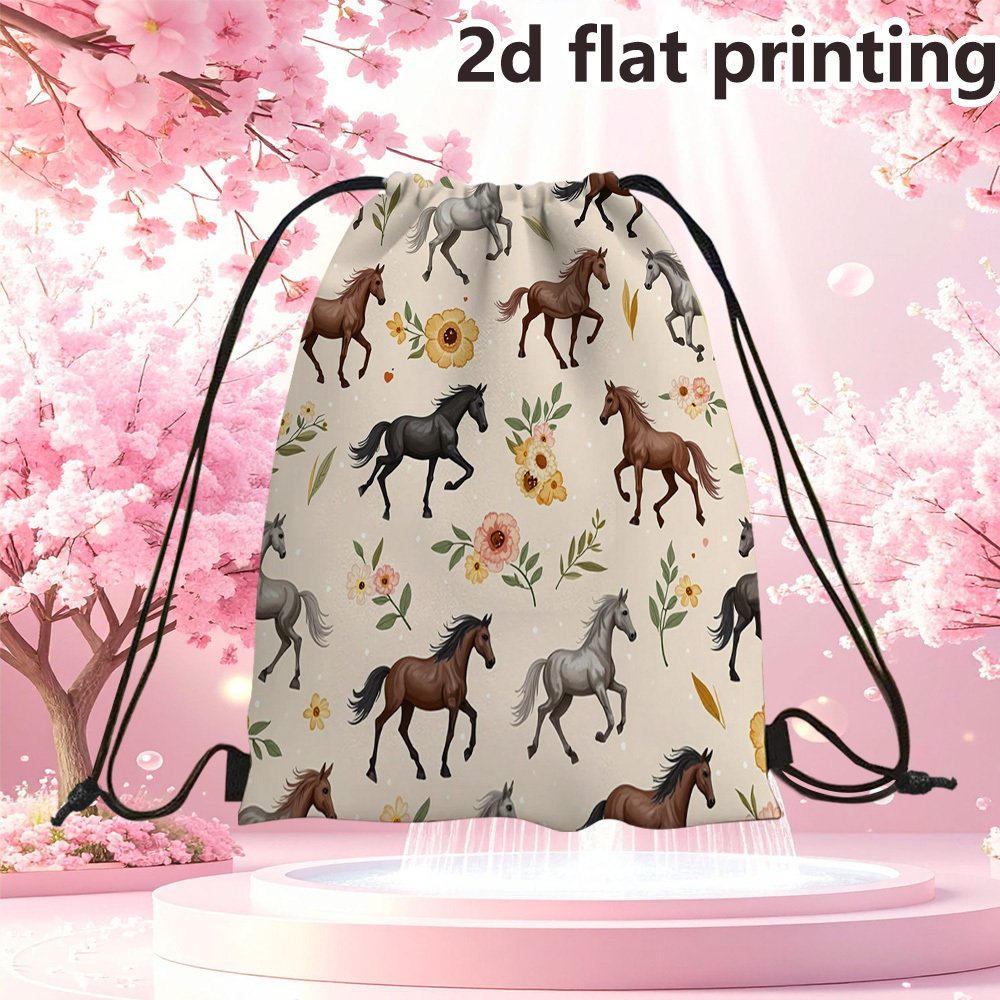TEMU Drawstring Backpack Featuring A Horse And - Chic Style With Drawstring Compartments. From Polyester Fabric, It Includes An Anti-theft Feature,