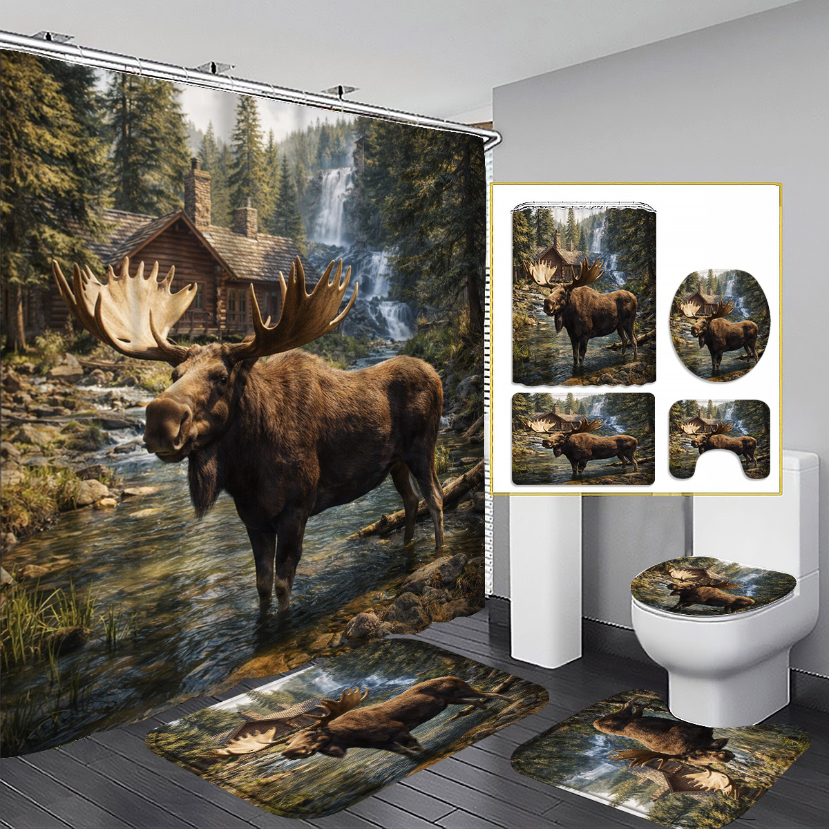TEMU 2d Flat, 2d Flat 4pcs Moose In Forest Shower Curtain Set, Brown Moose And Woodland Bathroom Decor, Additions With, U-shaped, Toilet Lid Cover,