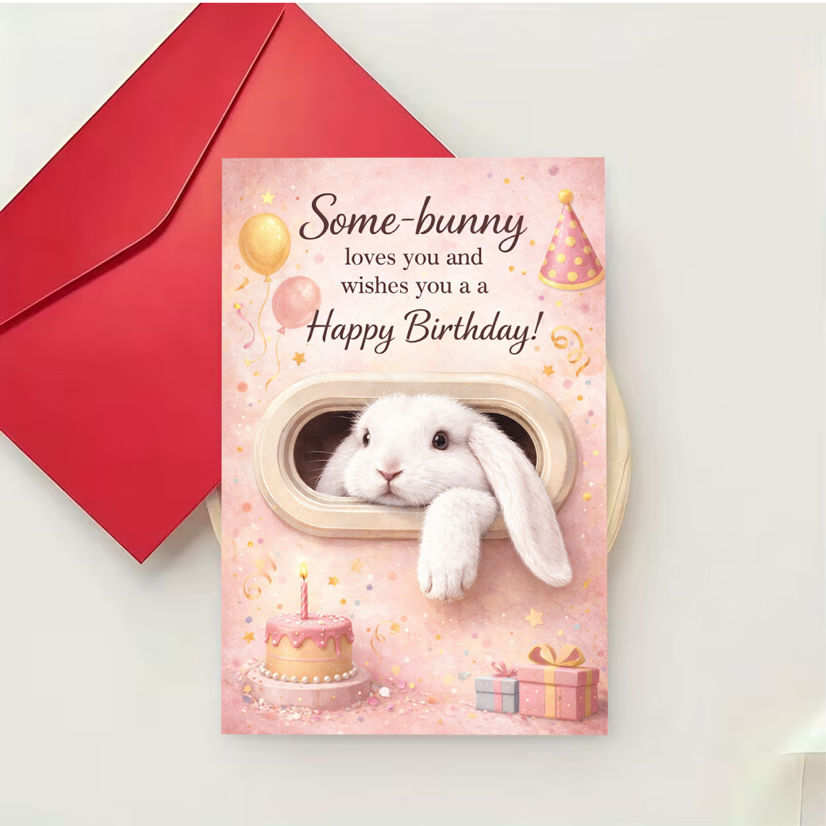 TEMU 1 Adorable Birthday Greeting Card Featuring A With Cake And Balloons, With " Birthday." Perfect For Or , This Pastel-themed Birthday Card Has A