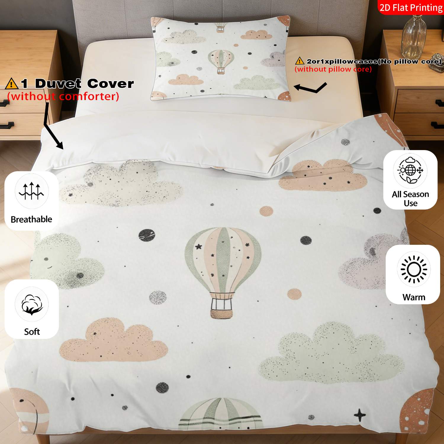 TEMU 2/3pcs 2d Flat Printing Modern Minimalist Hot Air Balloon Duvet Cover Bedding Beige Pink Green Watercolor Print With Stars And Dots Suitable For