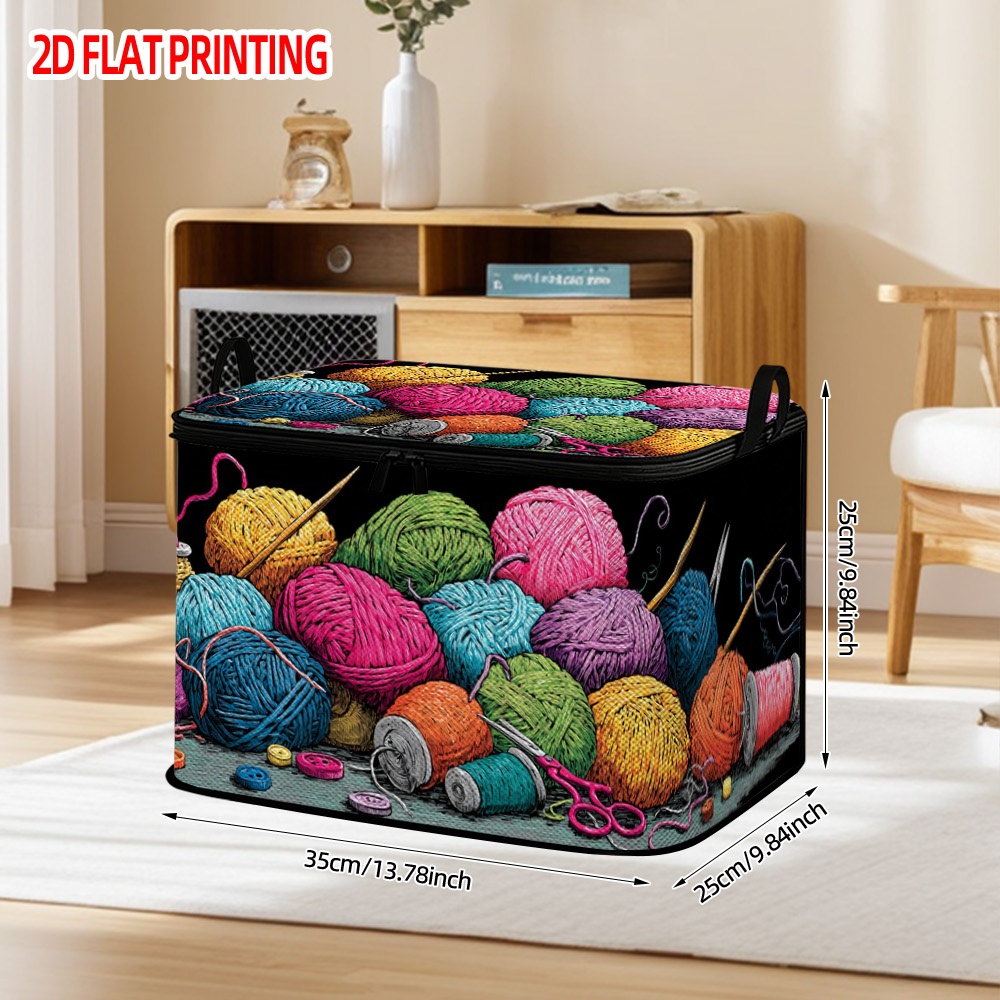 TEMU 1pc Of Vibrant Yarn And Tools Printed Storage Basket Featuring A Lid, Ideal For Organizing Shelves, Clothing, And Seasonal Items In A Large