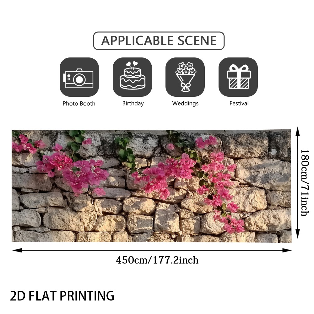 TEMU (2d Flat) 1pc Pink Flowers Stone Wall Garage Door Banner, , Polyester Fiber, Suitable For Poolside Screening, Garden Party, Wind Shielding,