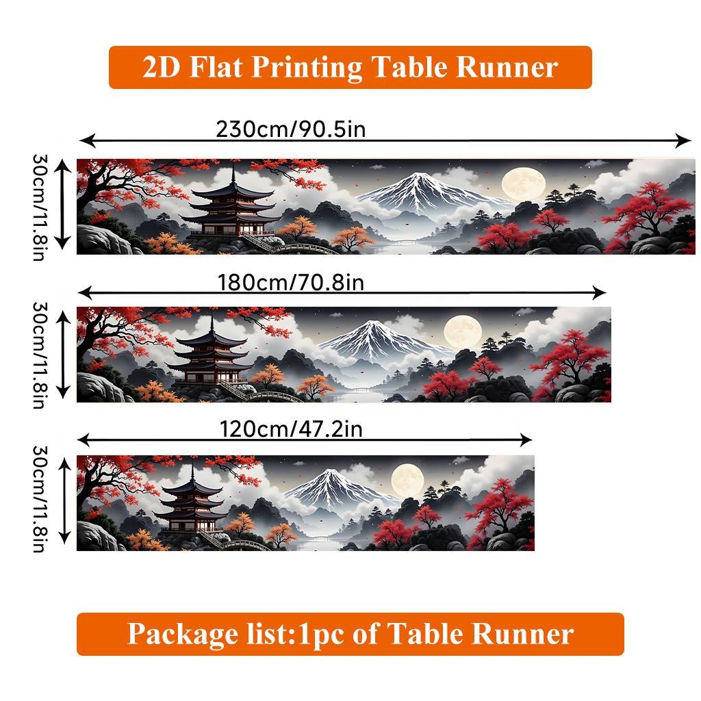 TEMU Chemin de pièce à impression 2D à plat, chemin de table rectangulaire en polyester avec paysage de paysage japonais traditionnel, pour table à