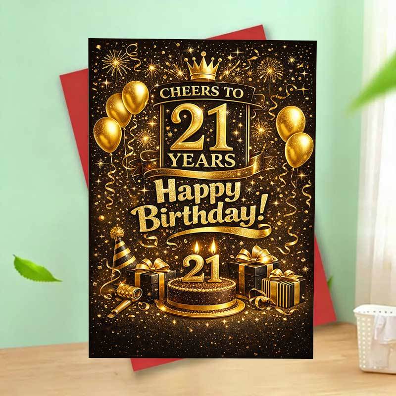 TEMU 1 Greeting Card + 1 Envelope, A 21st Birthday Card With Golden And Black Glitter Design, To Turning 21, A Luxurious Blessing Card Suitable For