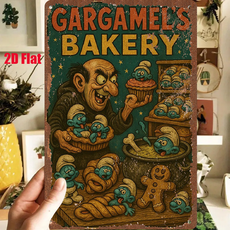 TEMU 2d Flat, 1pc Vintage Metal Wall Art "gargamel's Bakery: A Gnome With Blue Creatures And Treats."8x12 Inches Is An Ideal Decorative Gift For