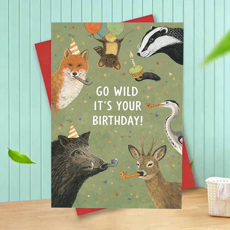 Image of 1pc Your Birthday Card, Woodland Animals Party Theme, Funny Greeting Card , Badger, Deer, Boar, Heron, Balloons, Confetti. For , Family, Coworkers. Birthday Celebration Gift Card, Blank Inside