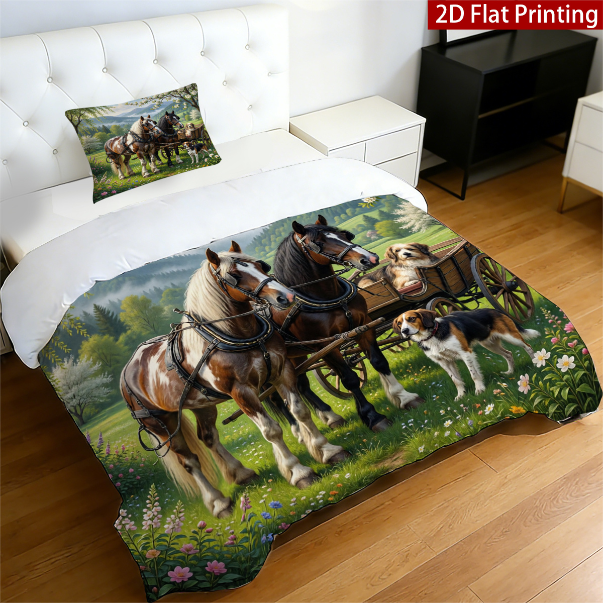 TEMU 2/3pcs 2d Flat Countryside Landscape Bedding(1 Duvet Cover   1/2 Pillowcases), Horse And Dog Carriage Pattern Duvet Cover(no Insert), Zipper
