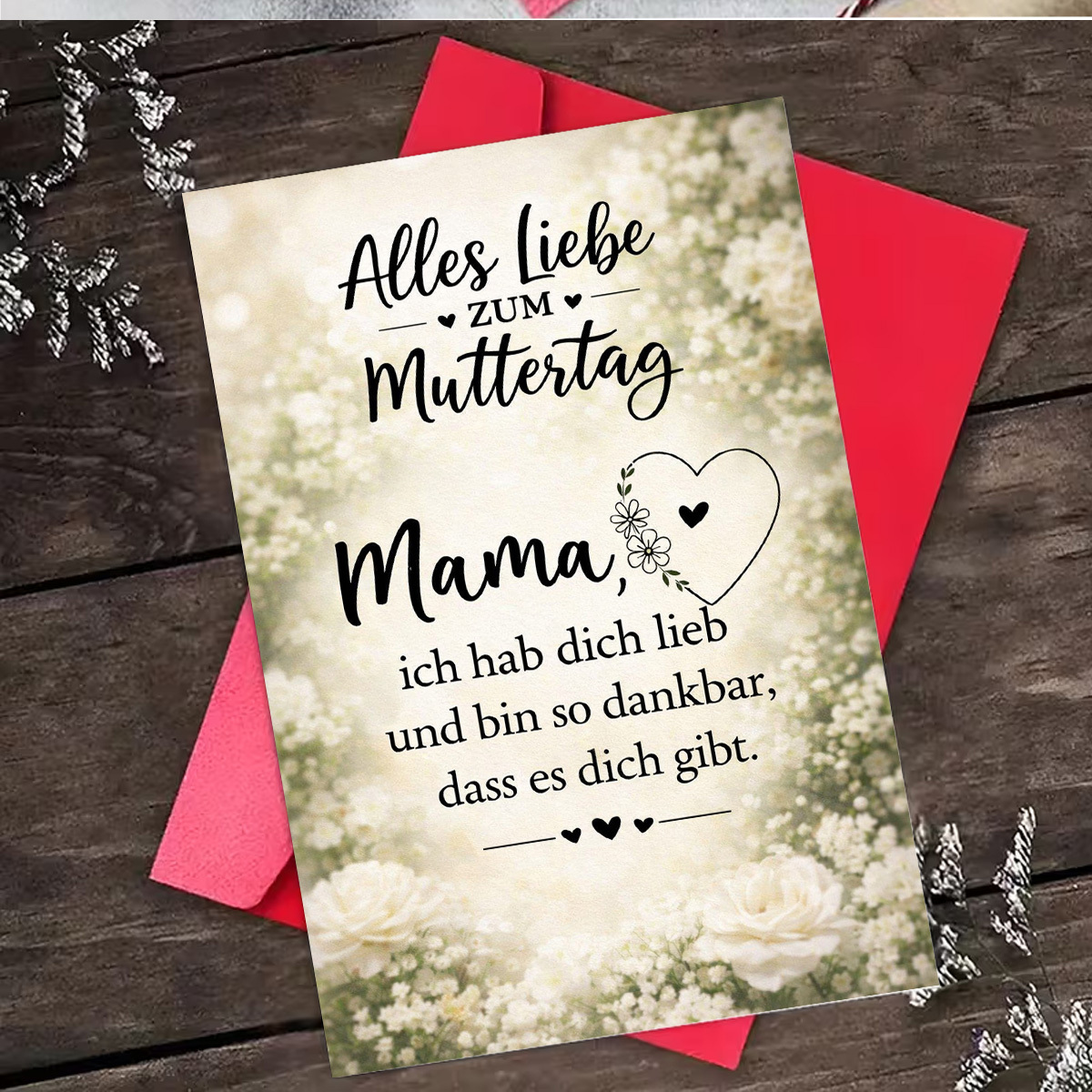 E-shop Elegante Muttertagsgrußkarte, weiße Rosen und Herz mit deutschem Text Mama, ich liebe dich, geeignet für Mama, Muttertag Vintage Blumenstil