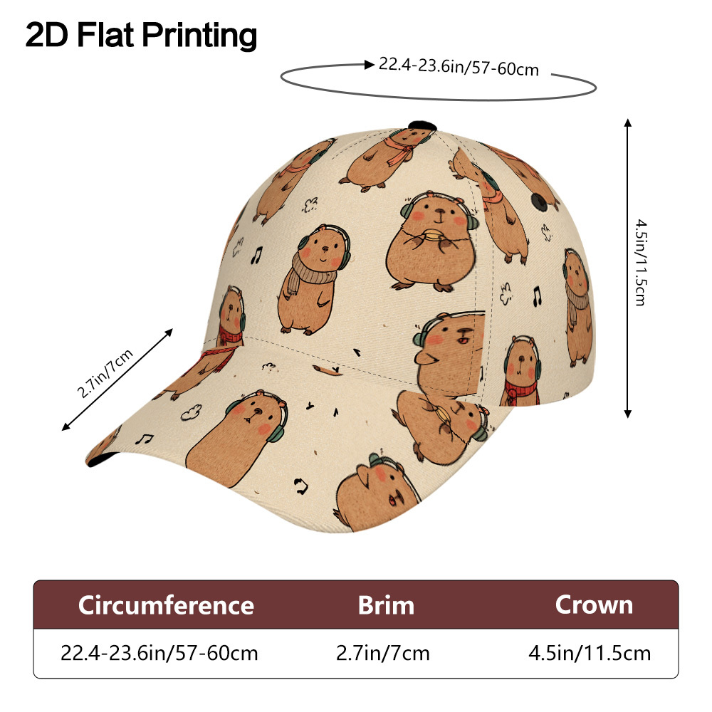 TEMU This Baseball Cap Features A Full- Of 2 Adorable Capybaras. From Polyester, It Has An Adjustable Snapback, Making It Ideal For Running, Sports,