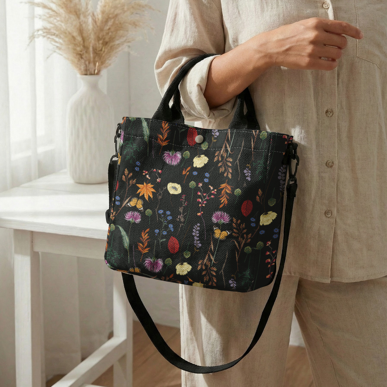 TEMU Floral Pattern 2d Printed Small Handbag, Durable And Adjustable Shoulder Strap With Button Closure | Fits Phone/wallet | Handheld Crossbody