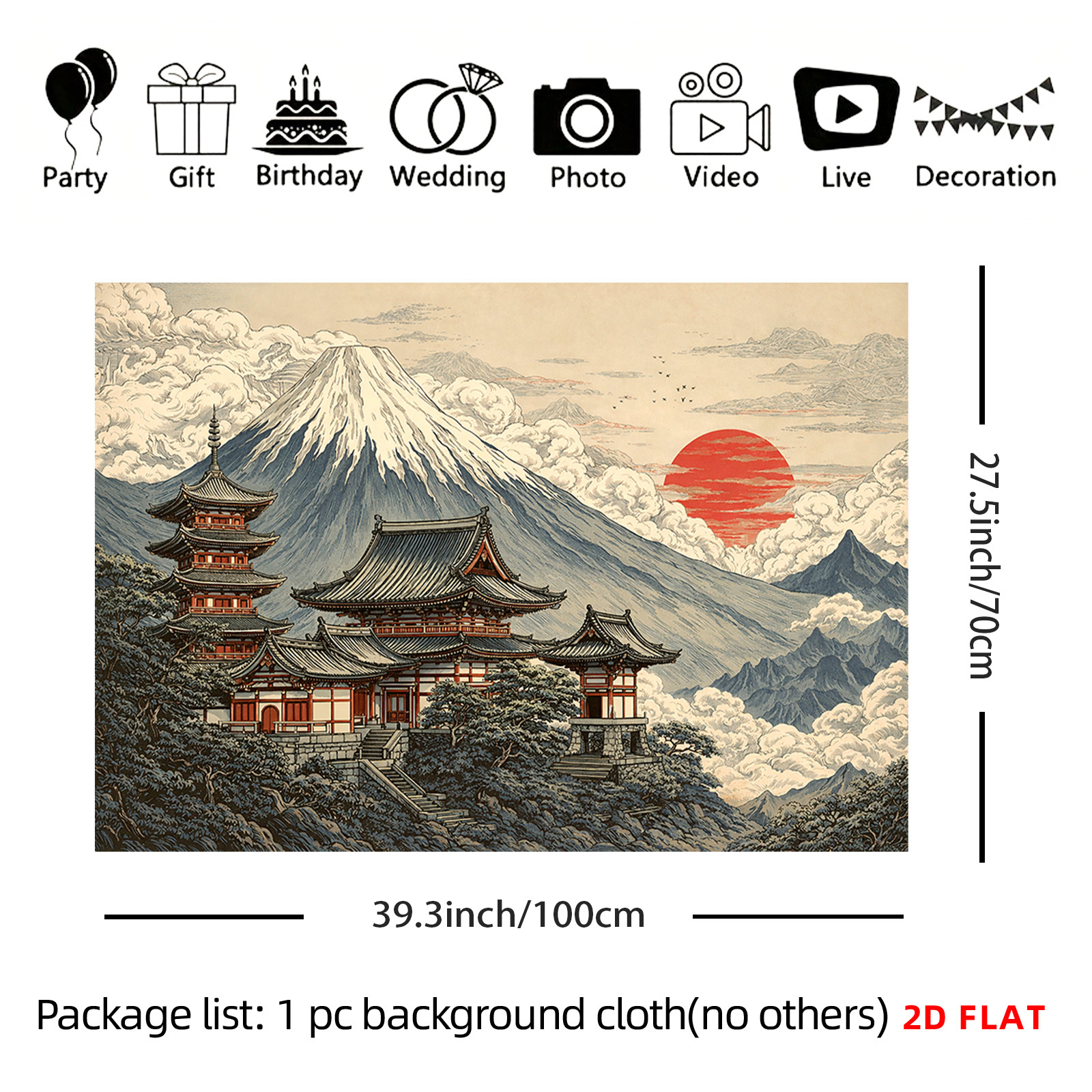 TEMU 2d Flat, [2d Plane Printing] 1 Large Size/small Size Pattern Printed Tapestry- Mountain Temple, Red Sun, Japanese Architecture, Foliage, , Room