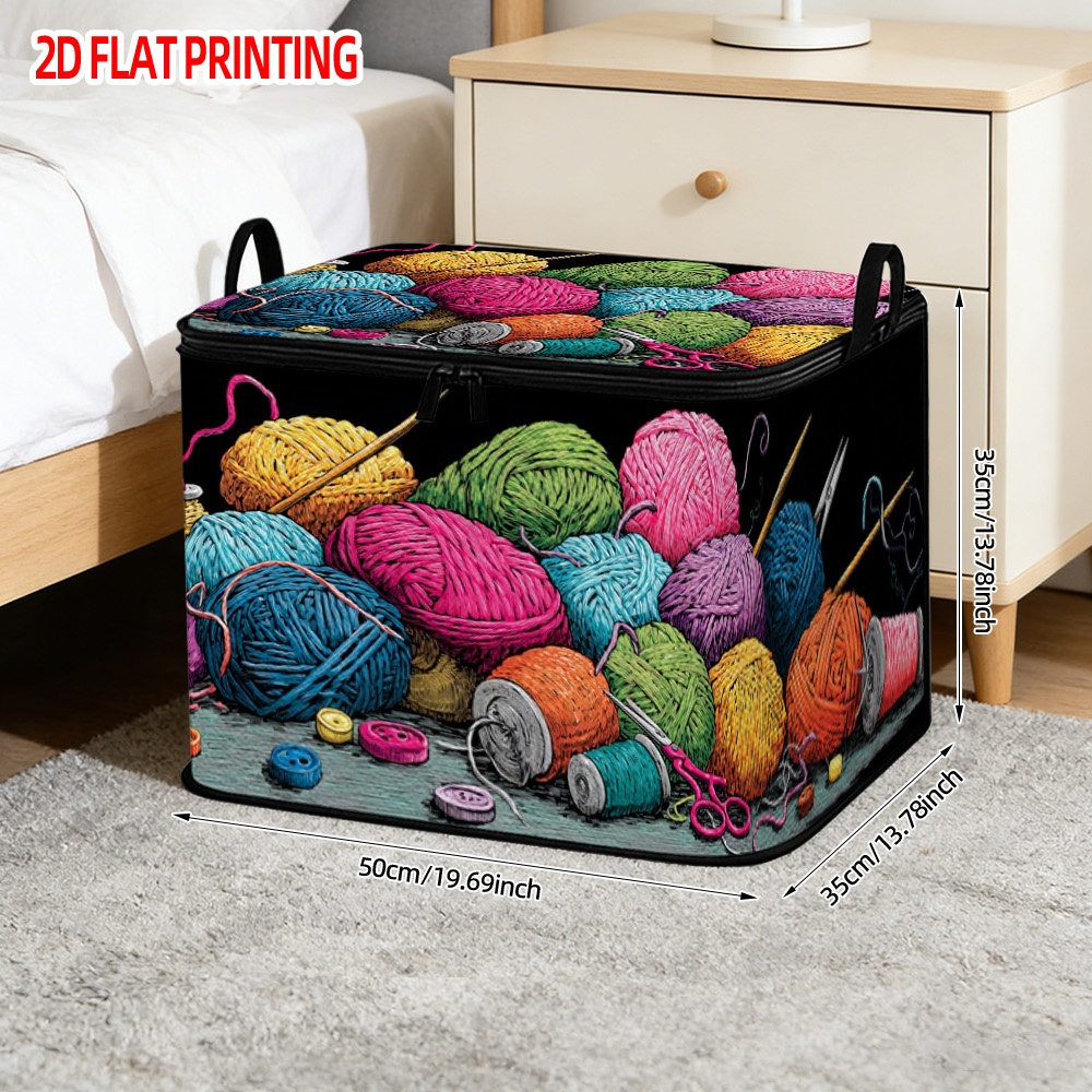 TEMU 1pc Of Vibrant Yarn And Tools Printed Storage Basket Featuring A Lid, Ideal For Organizing Shelves, Clothing, And Seasonal Items In A Large