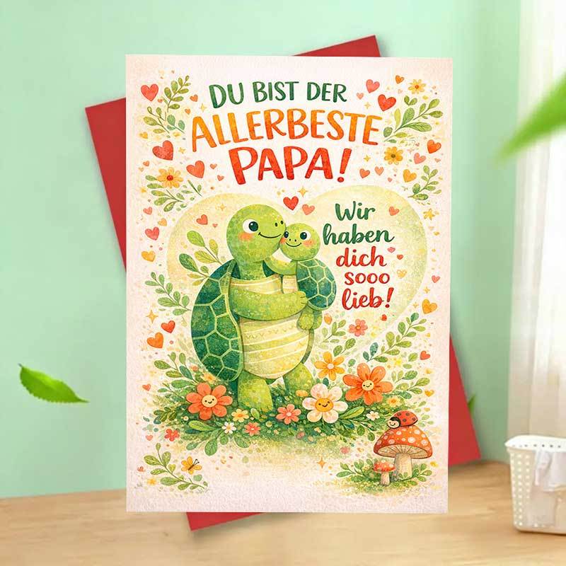 E-shop Grußkarte „Bester Papa der Welt“ mit niedlicher Schildkröten-Illustration, herzliche Liebesbotschaft für Vater von der Familie, ideal für