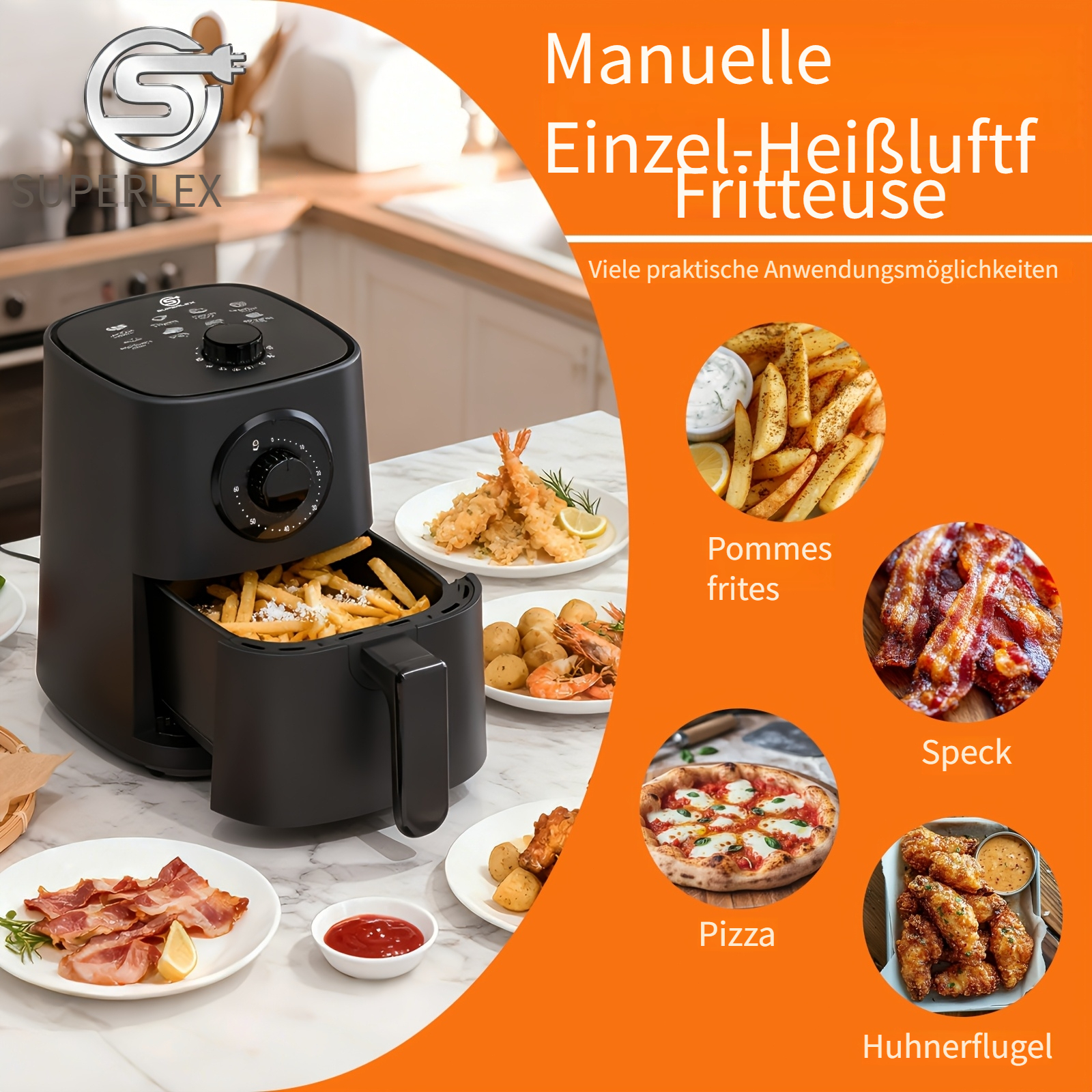 The Superlex 2.5l Single-layer Hot Air Fryer Allows For Oil-free And Healthy Cooking, Cutting Down Fat 80%. It With Adjustable Temperature Settings And A Timer. Its Surface Makes Cleaning A Breeze
