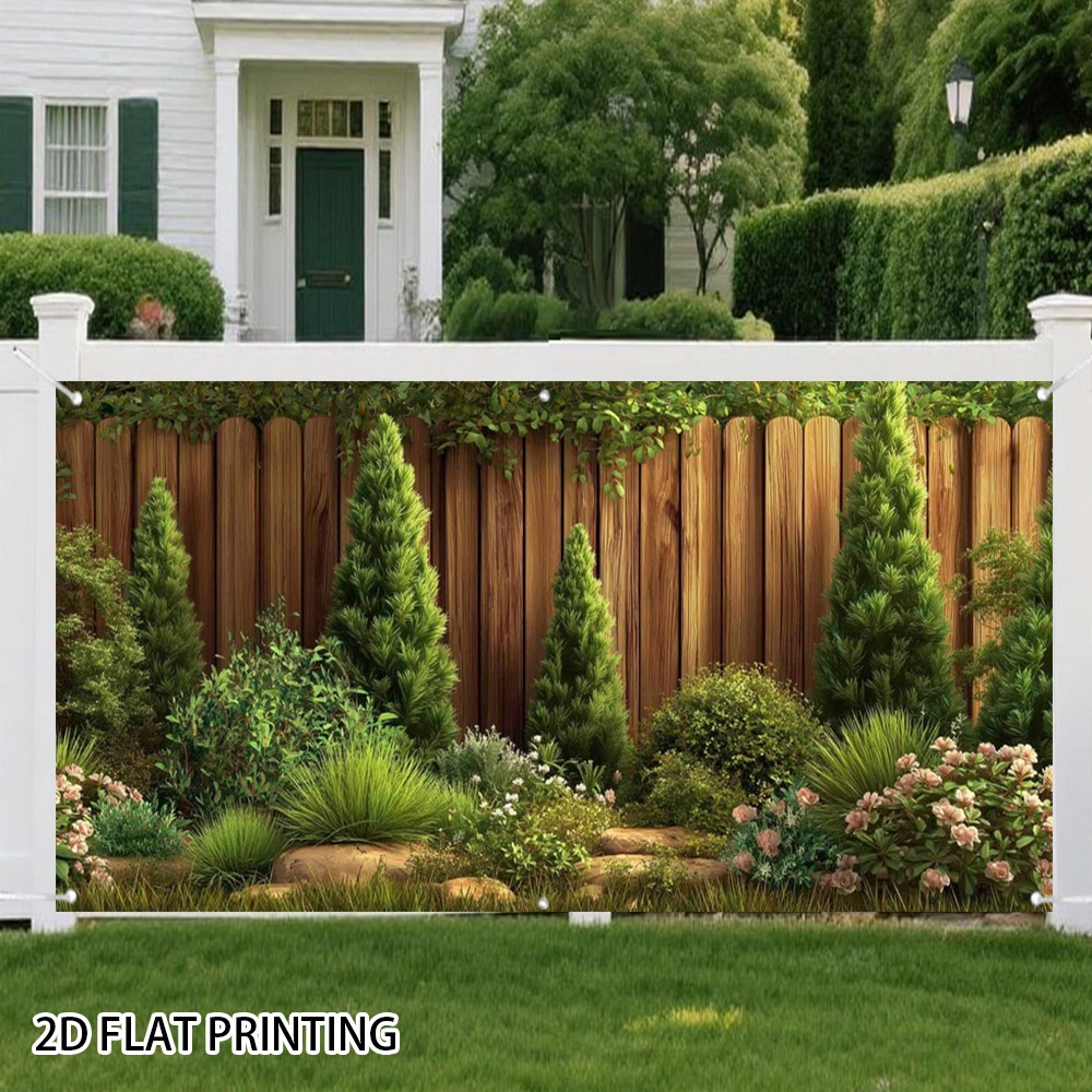 TEMU Garage Door, Optional, 2d Flat Design, 1pc Garden Fence Scene Garage Door Banner, Decorating Fence, , Polyester Fiber, Suitable For Backyard,