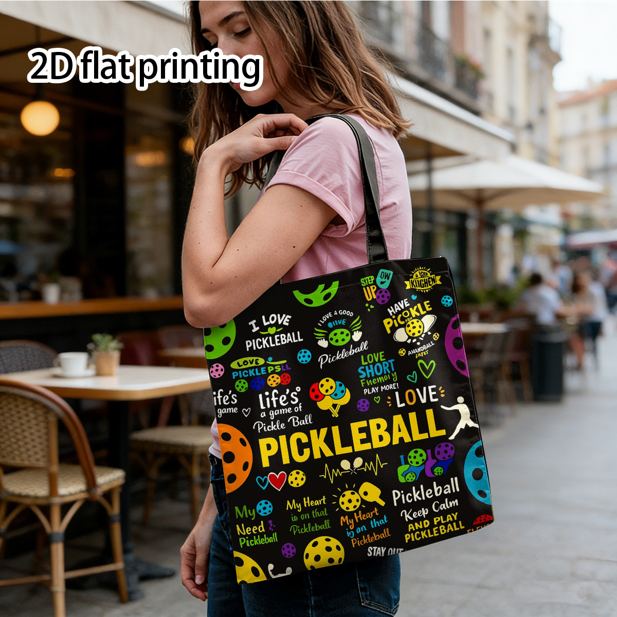 TEMU 1pc, 2d Flat, Pickleball Tote Bag - Nylon Shoulder Bag, Suitable For Gifting, Daily Leisure - Colorful Pickleball Design