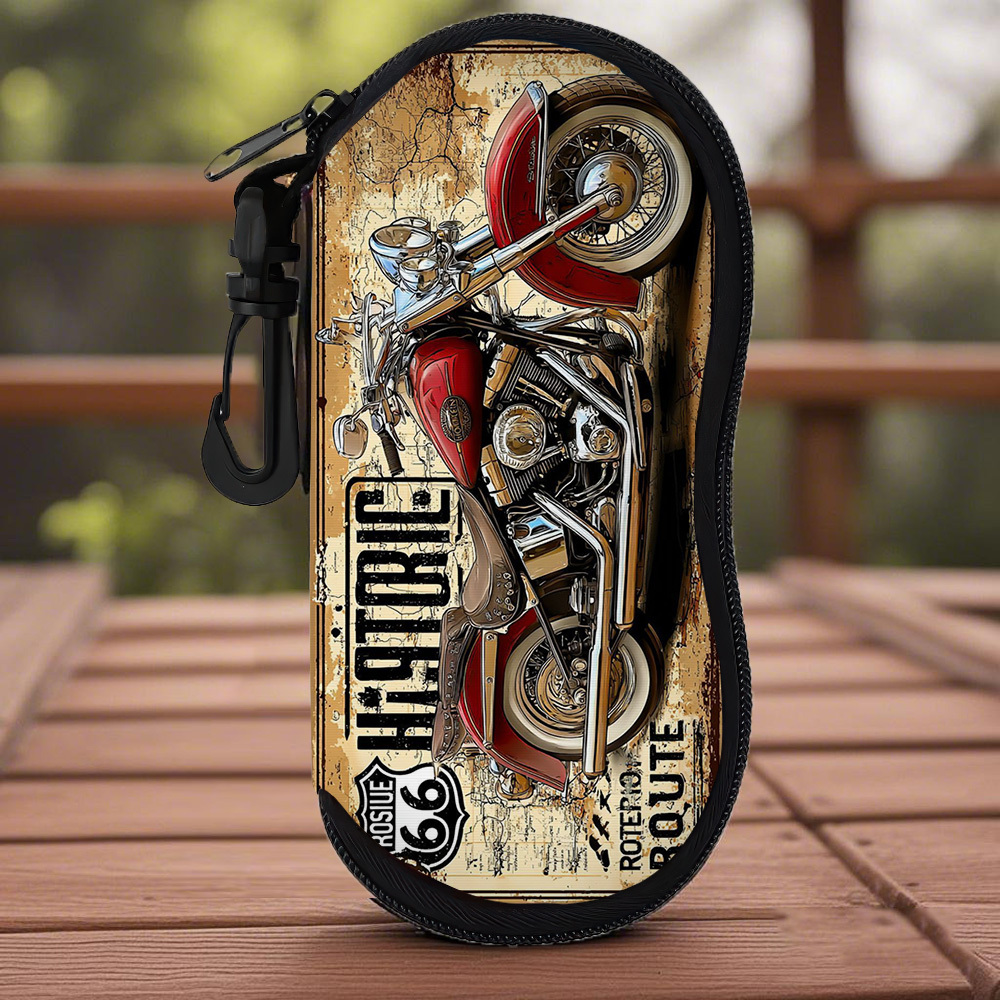 TEMU 1pc Vintage Motorcycle Eyeglass Case Suitable For Travel, Motorcycling, - Retro Zippered Soft Pouch With Design, Unisex Eyewear Holder For
