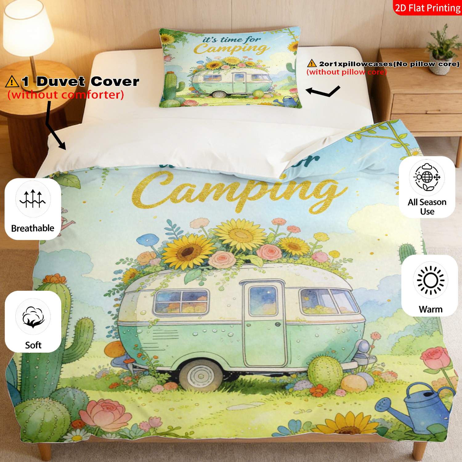 TEMU 2/3pcs 2d Flat Printing Watercolor Style Camping Theme Quilt Cover Bedding Green Yellow Sunflower Van Print With " Time For Camping" Text