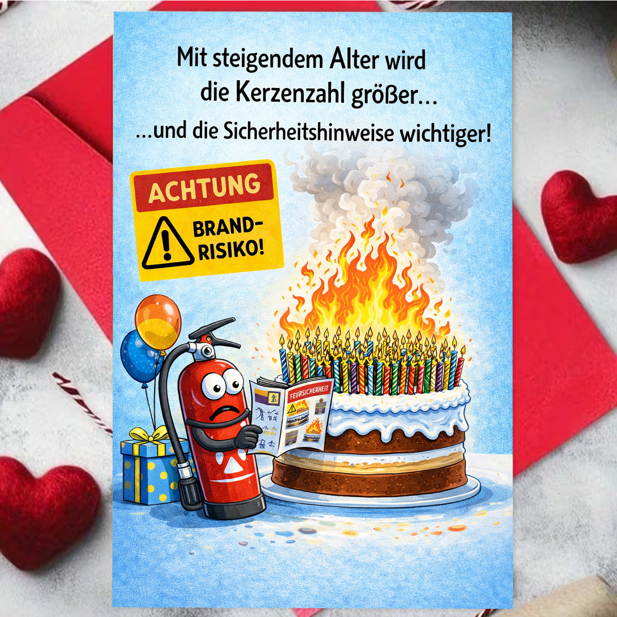 Image of 1pc Humorous Birthday Greeting Card, Featuring A Cartoon Fire Extinguisher With A Blazing Candle Cake And The Text "warning: ," Perfect For And Coworkers, Birthday, Cartoon Style, Funny Novelty Card