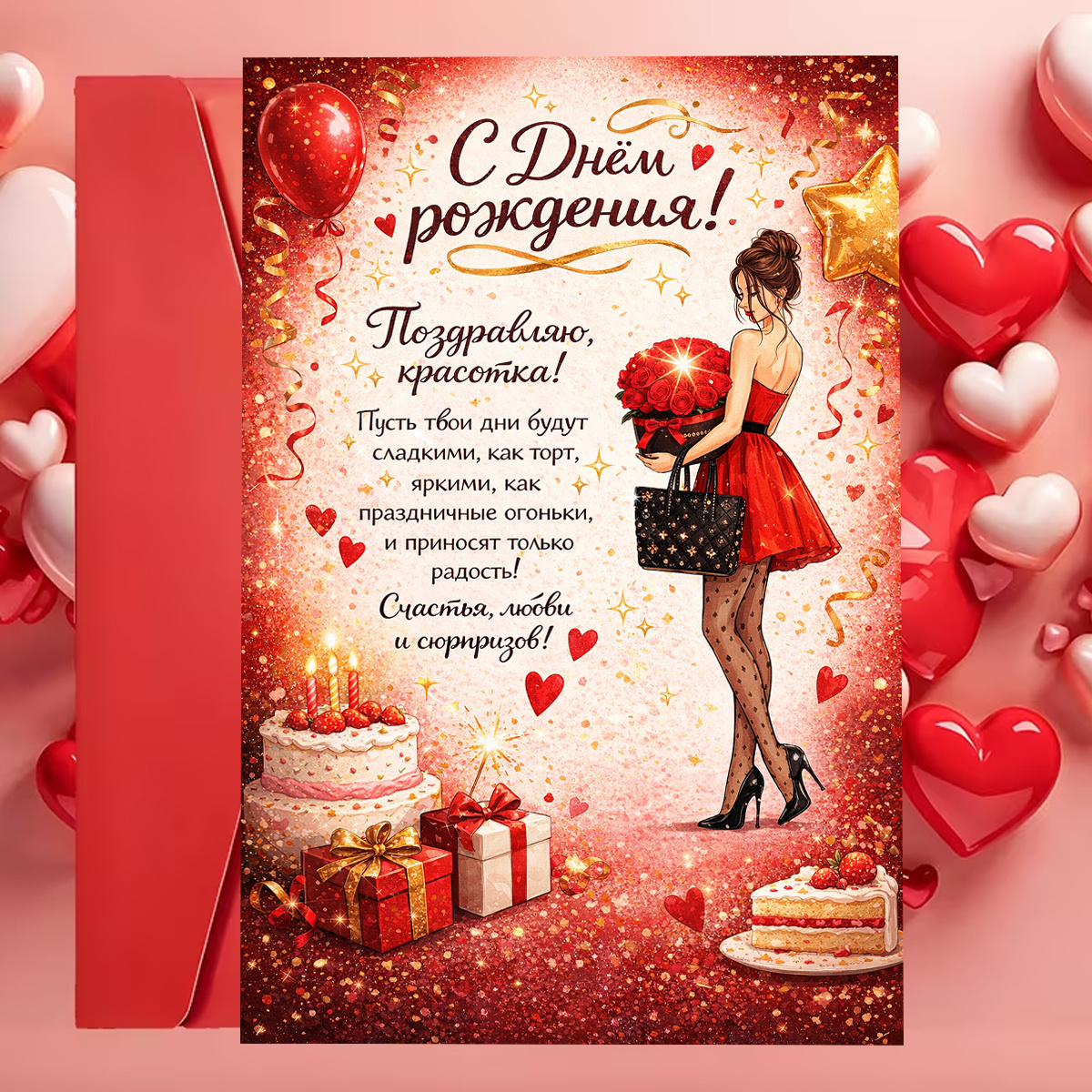 Image of A Single Birthday Card Featuring A Woman In A Red Dress A Cake With Roses And Gifts, Conveying "shimmering Wishes And Happiness". An For A Girlfriend Or Partner