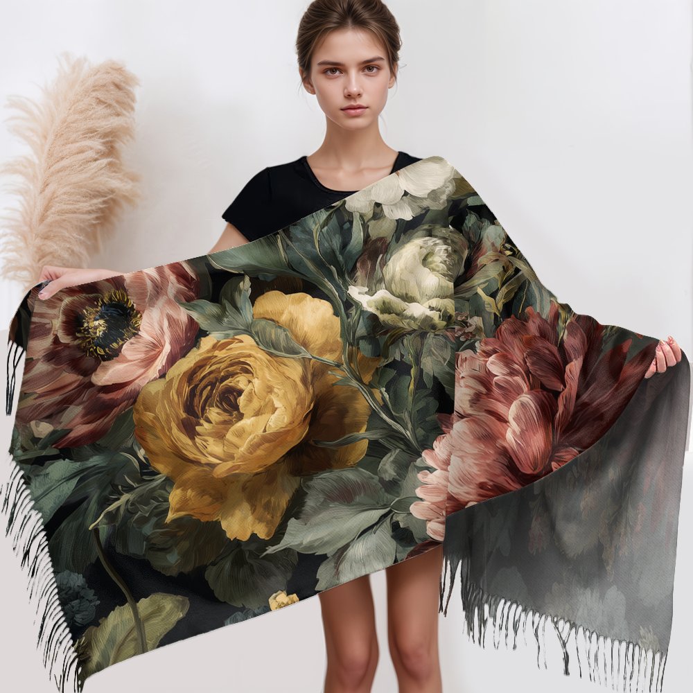 TEMU A Vintage Oil Painting Floral Printed Scarf Shawl That Combines 2 Functions, Featuring A Single-sided Print Made Of Lightweight Polyester Fiber,
