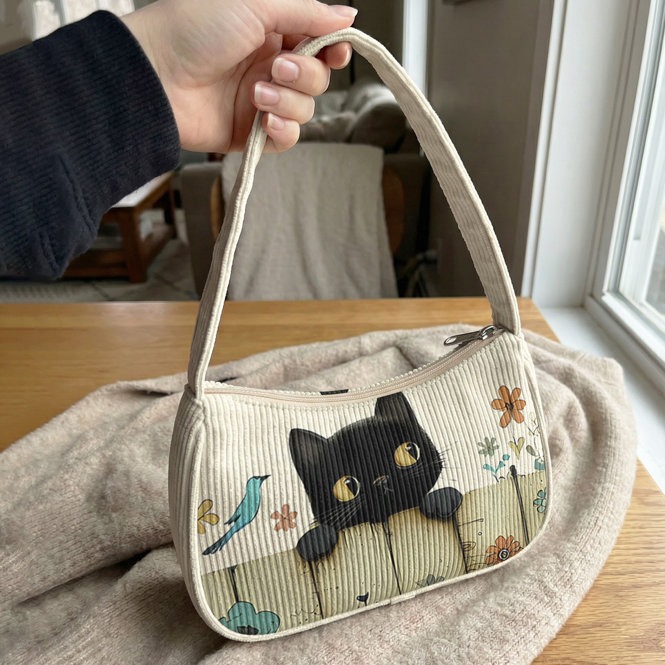 TEMU Black Cat Floral Pattern 2d Printed Small Tote Bag, Corduroy Underarm Bag Classic Version | Holds Lipstick/cosmetics/wallet/keys And Other