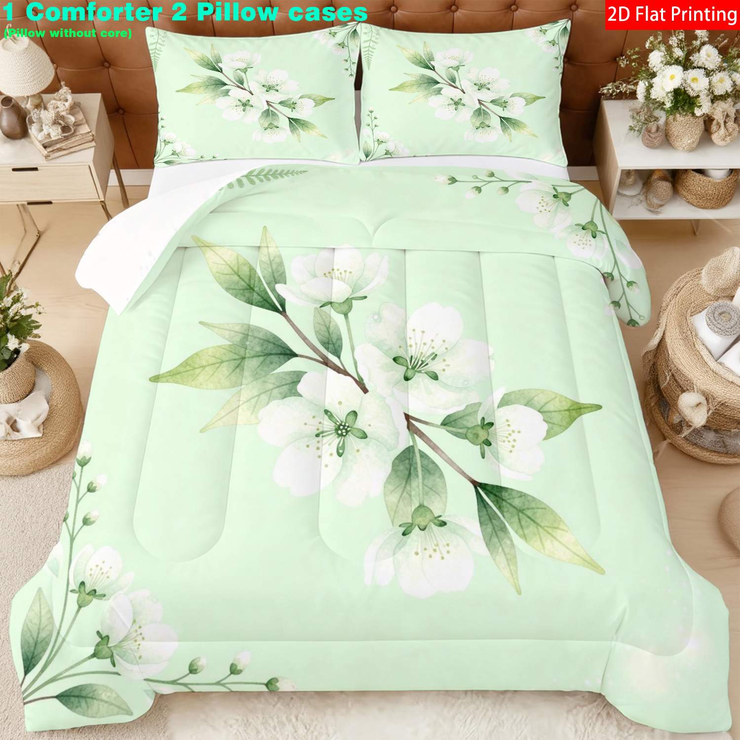 TEMU 3-tlg. Bettdecken-Einsatz 2D-Flachdruck Aquarell Weiße Blumen Grünes Blatt Steppdeckenfüllung Hellgrüner Bettdeckenkern Faserfüllung U-förmiges