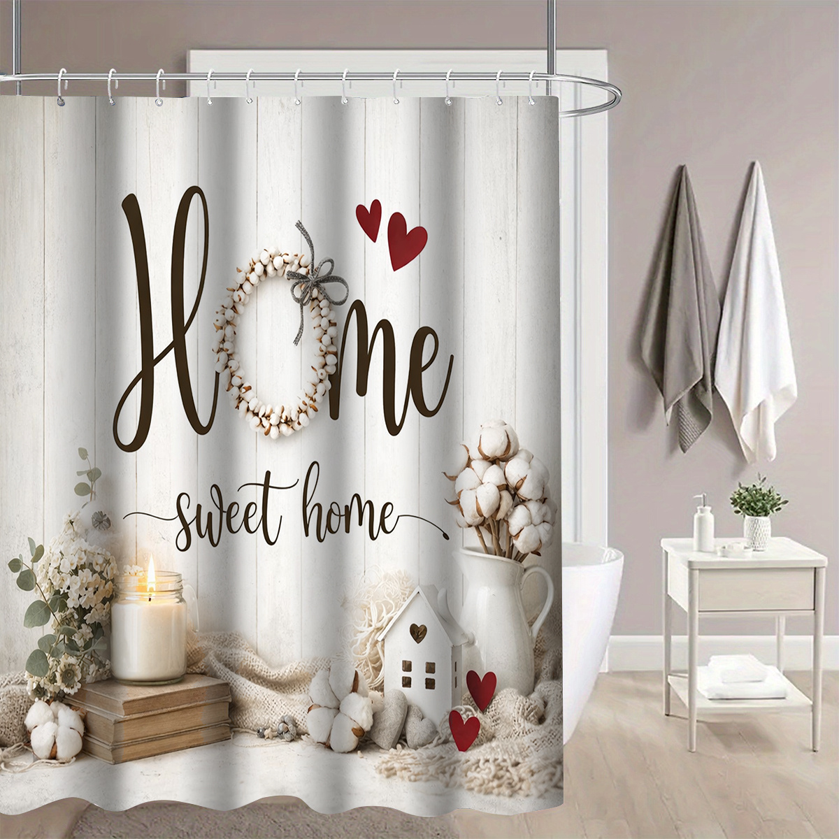 TEMU 1pc With Wreath Shower Curtain, Bathroom Decor, Options (120x180cm, 150x180cm, 180x180cm, 180x200cm, 240x200cm), Includes Hooks, Bathroom