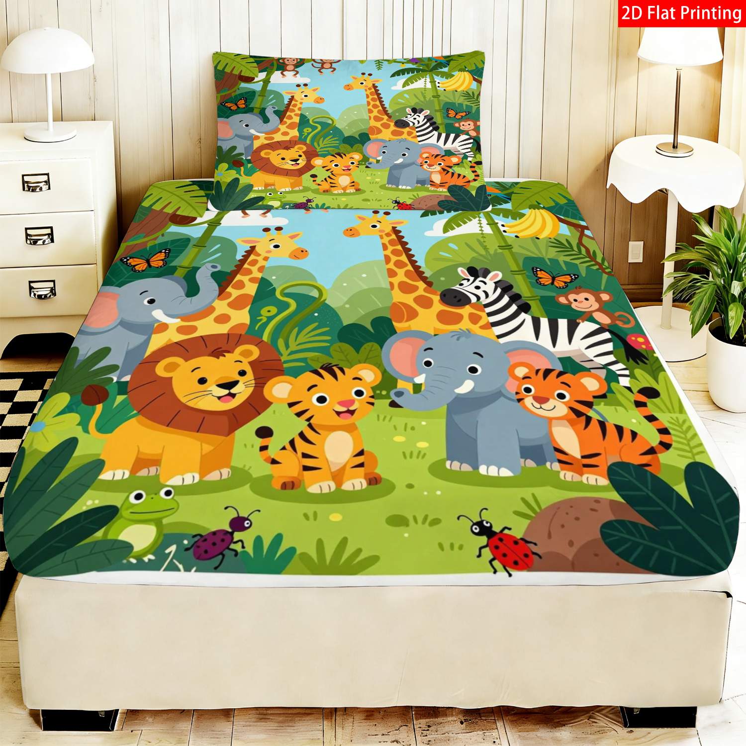 TEMU Ensemble de 2 ou 3 pièces de draps-housses imprimés 2D à plat, ornés d'adorables animaux de , en couleurs vert et jaune, avec des de lions, de