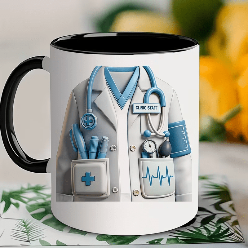 TEMU 1pc 11oz Ceramic Coffee Mug, 2d Flat Stethoscope & Medical Theme Print, Novelty Drinkware, For Kitchen Table, Daily Use, Great Party Gift For