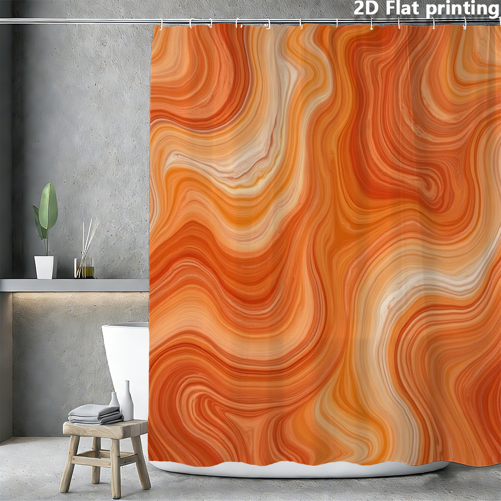 TEMU 2d Flat, 2d Flat, 1pc Shower Curtain 2d Flat Printing Curtain Shower Orange Wavy Pattern Curtain Design With Hook, Polyester Fabric, For Windows