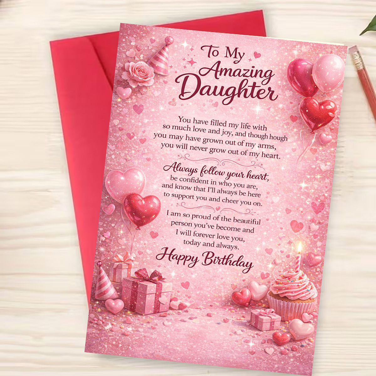 TEMU A Charming Birthday Card Featuring , Balloons, Gifts, And A Cupcake That Says 'to Daughter, Happy Birthday.' It's Giving To A Daughter, With A