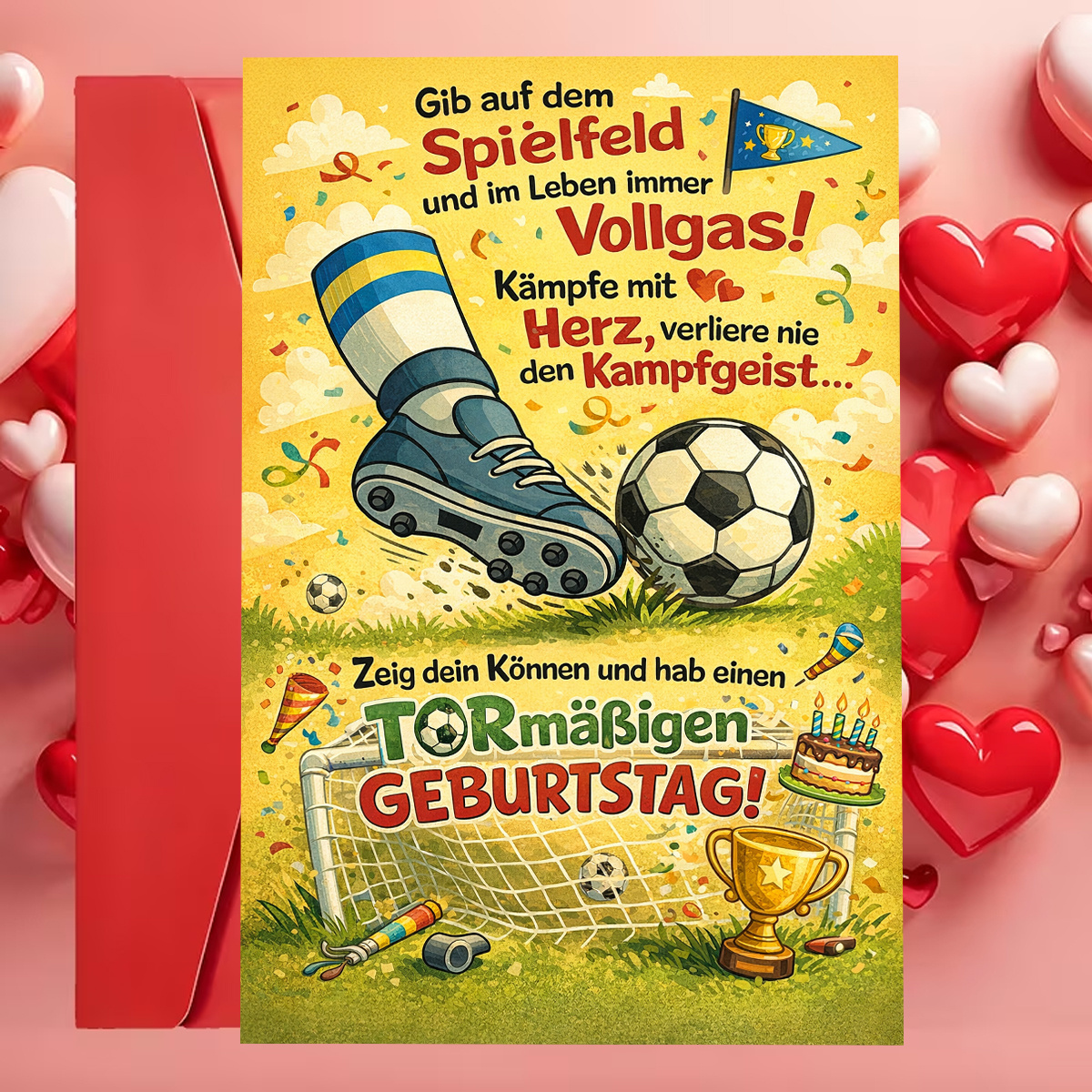 E-shop Energiegeladene Geburtstagsgrußkarte mit Fußballschuh, Fußball auf dem mit Konfetti der Botschaft „Volle voraus, spiel mit Herz.“ für einen