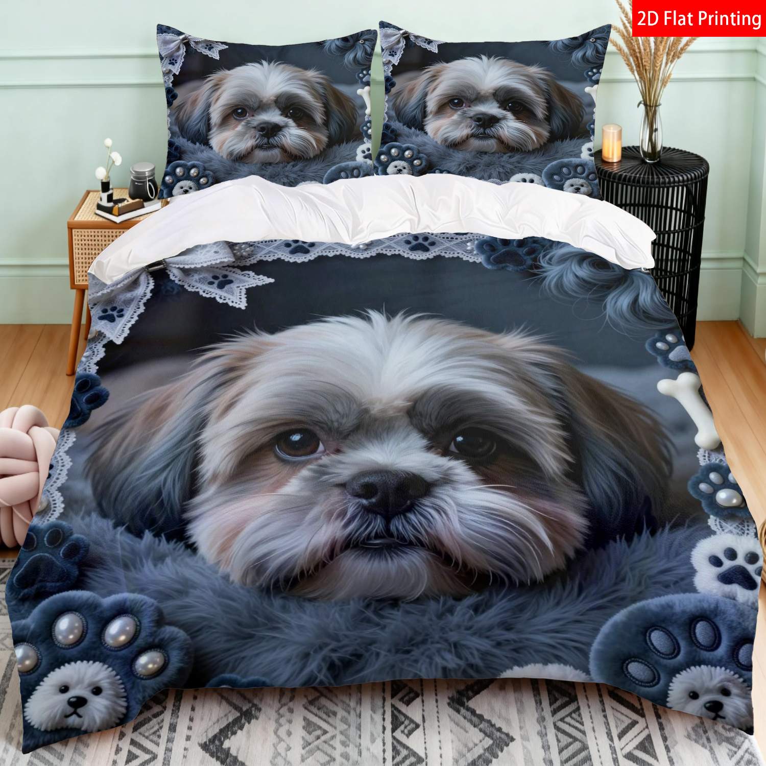 TEMU 2/3pcs 2d Flat Printing Cute Cartoon Pet Themed Quilt Cover Bedding Blue White Shih Tzu Dog Paw Print Pattern Suitable For Occasions(1*duvet