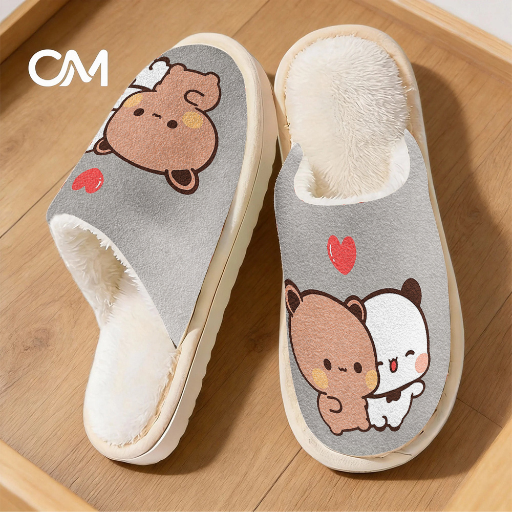 TEMU Cartoon Brown Bear And Panda Pattern House Slippers With Plush Lining And Non-slip Sole, Soft And Warm Winter Indoor/outdoor Home Shoes, Machine